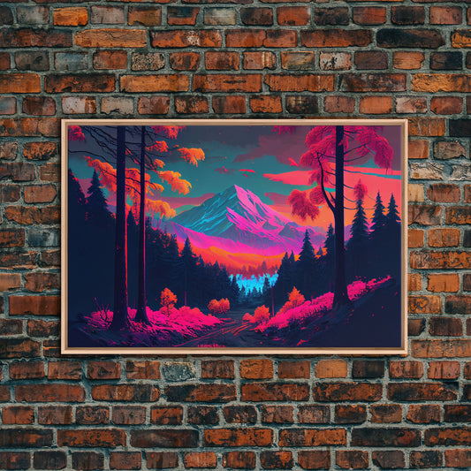 Synthwave style watercolor painting of a mountain and forest, framed canvas print, colorful wall art