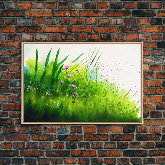 Modern Farmhouse Wall Art, Boho decor, Minimalist whimsical wall art, framed canvas print of beautiful wild flowers blowing in the wind