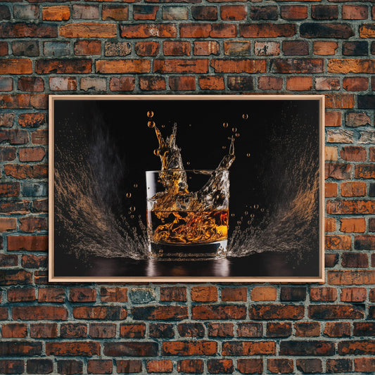 Whiskey Wall Décor, Ice falling into a glass of whiskey, modern / contemporary bar wall art, framed canvas print