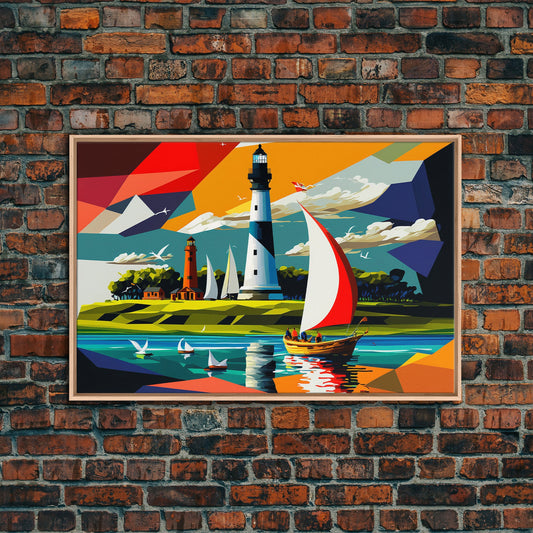 Sailboat and Lighthouse | Pop Art Style Painting Print | Framed Canvas Print | Colorful  Minimalist Art | Nautical Art