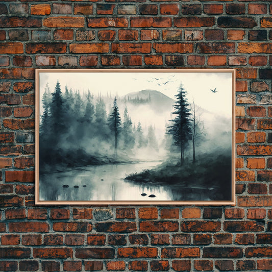 Watercolor of a foggy pine tree forest, framed canvas print, unique wall art, contemporary art, modern art