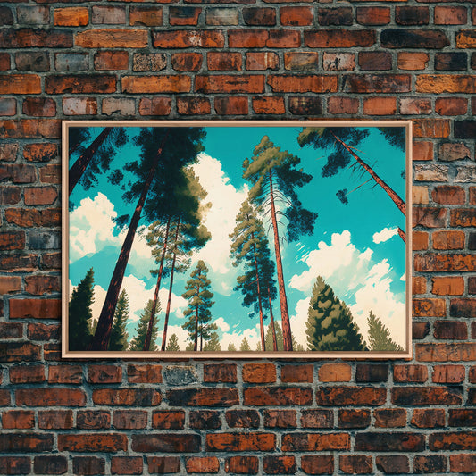 Pine Tree Forest and Blue Skies, Framed Canvas Print, Beautiful Wall Art, Living Room Wall Decor, Pine Cone Tree