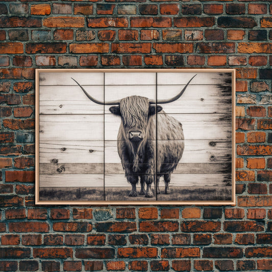Rustic Cattle Art, Framed Canvas Print, Framed Wall Art, Primitive Rustic Minimalist Farmhouse Decor, Highland Cattle Distressed Art