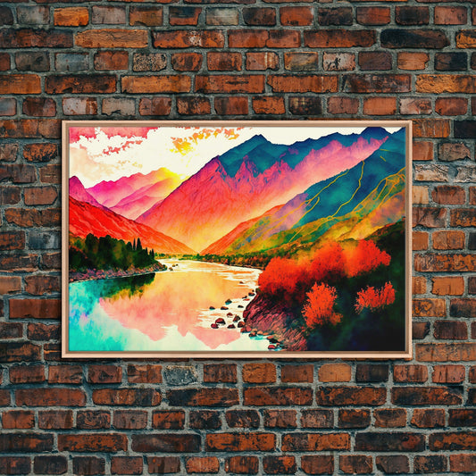 Watercolor Landscape, Rainbow Landscape Art, Framed Canvas Print, Unique Primitive Style Landscape Decor