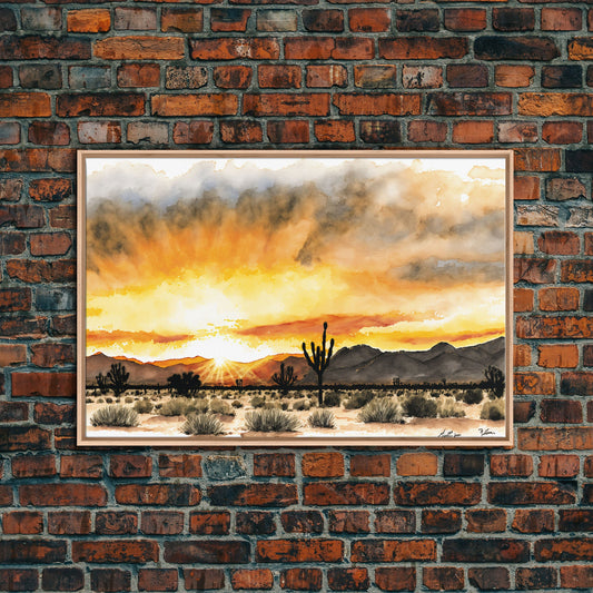 Watercolor Arizona Desert Landscape, Framed Canvas Print, Original Painting Print, Huge Living Room Wall Art, Southwest Western Decor