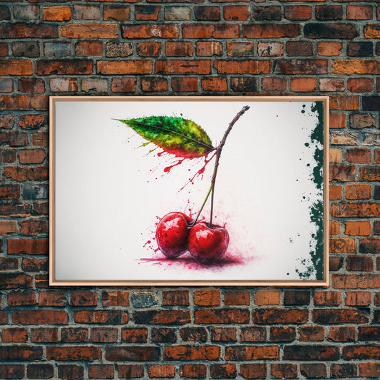 Watercolor Cherry, Still Life Paint Splatter Art, Framed Canvas Print, Fruit Art, Cherries with Stems Watercolor Painting
