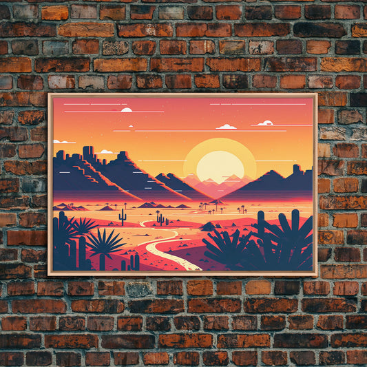 Art Deco Style Desert Landscape Art, Framed Canvas Print, Unique Colorful Wall Decor, Pueblo Style Midwestern Decor, Western Theme Art