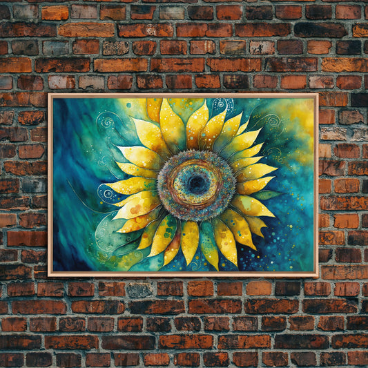 Watercolor of a Sunflower, Framed Canvas Print, Framed Art, Lowkey Farmhouse Wall Art, Living Room Decor, Living Room painting