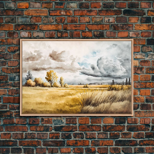 Prairies of Texas, Framed Canvas Print, Subdued / Muted Vintage Style Wall Art, Wall Hanging, Watercolor Painting