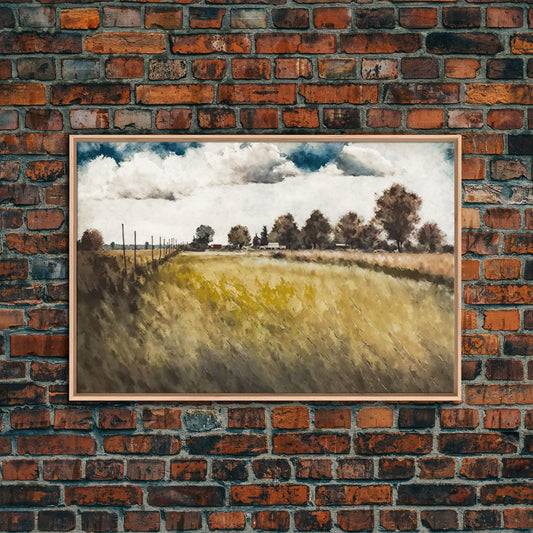 Muted Landscape Oil Painting | Canvas Print | Framed Wall Art | Vintage Muted Print | Subdued Art | Primitive Farmhouse Boho Style Decor