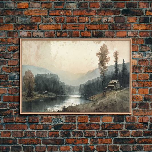 Cottage On The Lake, Wall Art, Framed Canvas Print, Subdued Minimalist Boho Style Wall Decor, Canvas Art, Rustic Decor