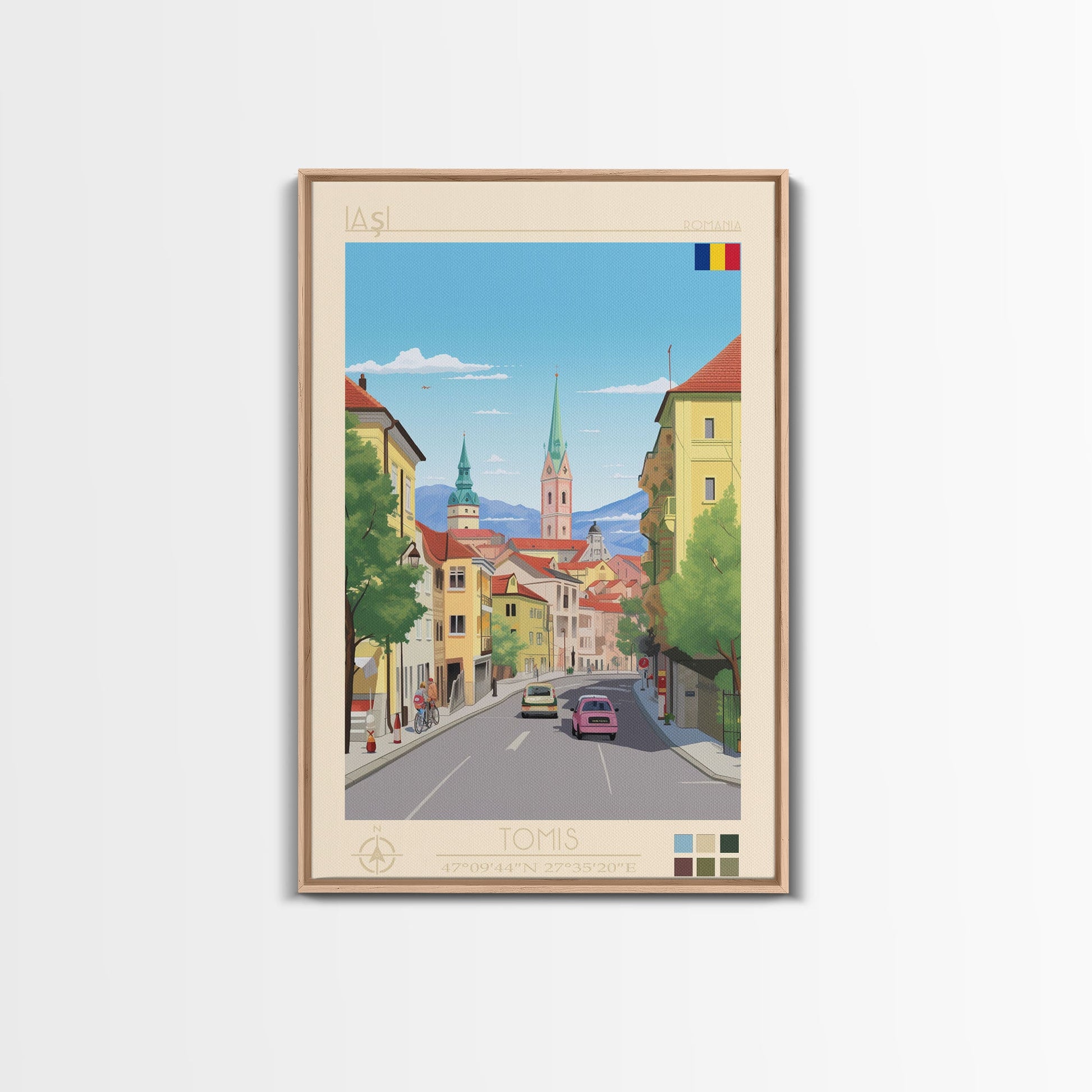 Framed canvas print of Iași Romania travel poster featuring midcentury modern and pop art style, scenic wall decor for living rooms and offices.