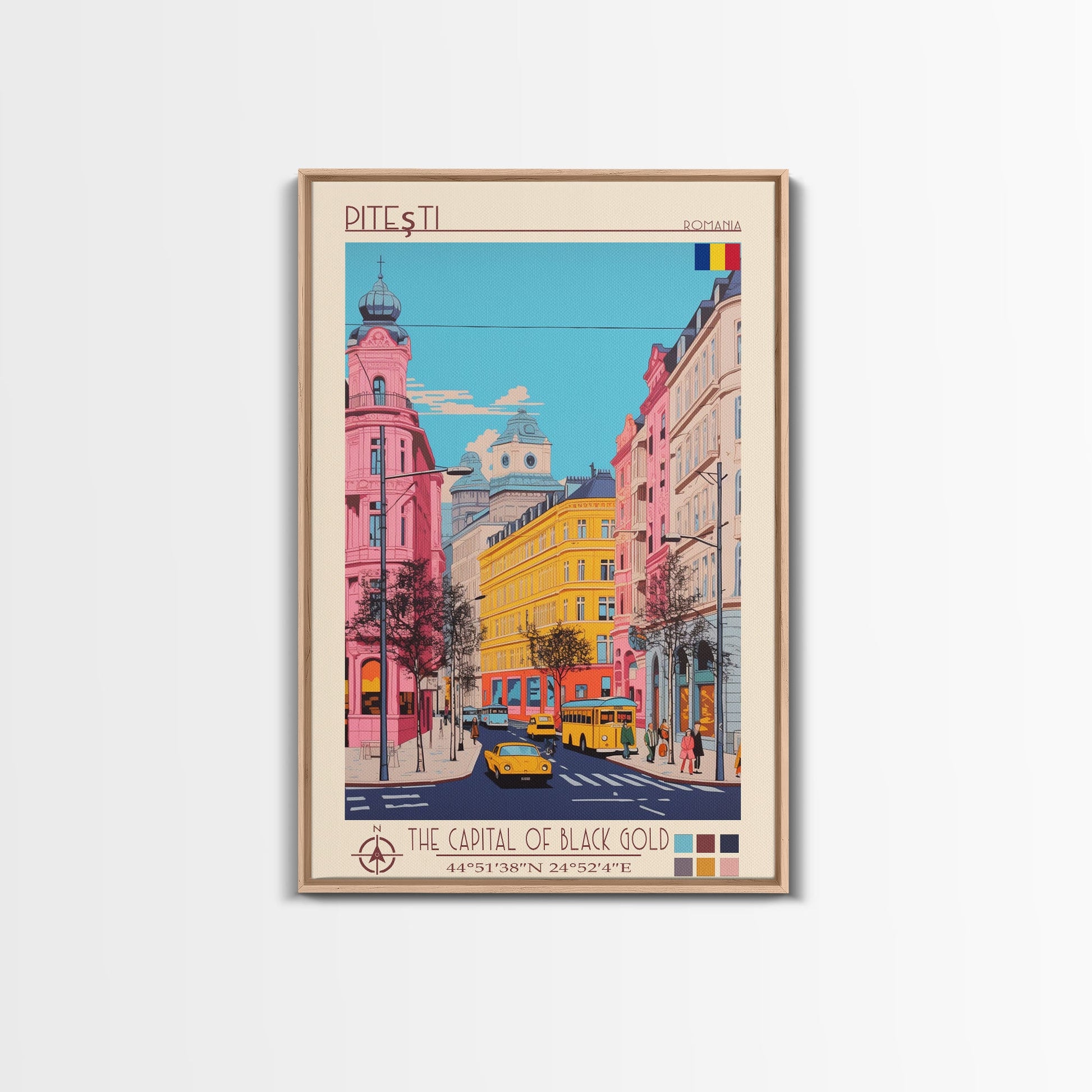 Framed canvas print of Pitești Romania travel poster featuring midcentury modern and pop art wall decor for home or vacation.