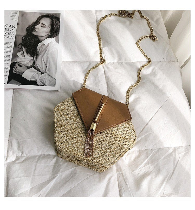New Famous Mulit Style Straw+leather Handba For Women And Girls  New Fashion Summer Bag Handmade Woven Beach Circle Shoulder Bag