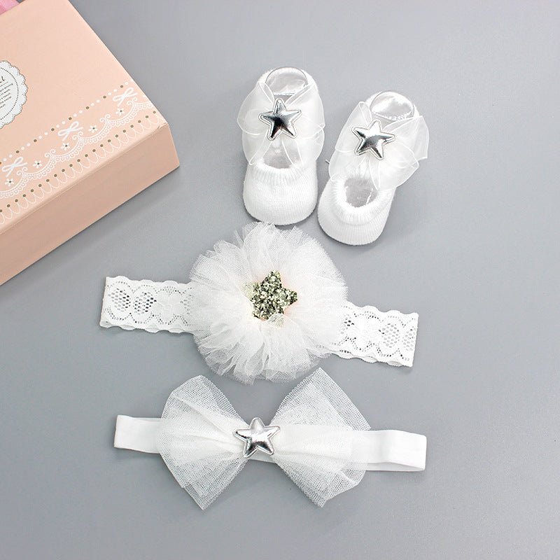 Flower Baby Girl Headband Socks Set Shoes With  Crown Bows Newborn Headbands For Girls Turban Baby Hair Accessories