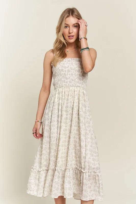 Smocked Floral Ruffled Hem Cami Dress For Women – Boho-Inspired Smocked Floral Cami Fluttering Dress with Playful Ruffled Hem