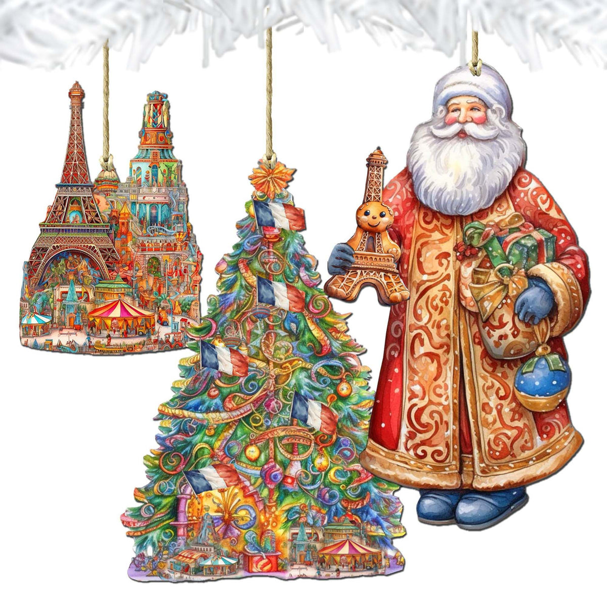 Santas Around the World - French Inspired Santa - Eco Wood Ornaments Set of 3 by G. DeBrekht Christmas Santa Snowman Decor - 8091303S3