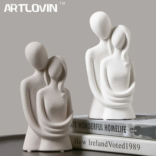 Nordic Abstract Couple Sculpture Lover Hugging Characters Frosted Ceramic Statues Plain White/Grey Figurines Wedding Gifts 250325