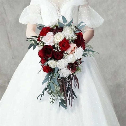 waterfall wedding bridal bouquet bridesmaid hand tied artificial flower holiday party supplies flowers European rose gift 240814