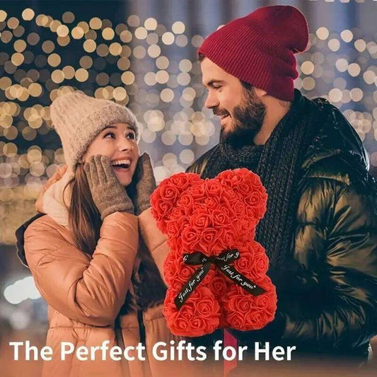 Artificial Rose Bear Bouquet - Mini Red Roses with Black Bow, Perfect Proposal or Gift for Girlfriend, Valentine'S Day H260124