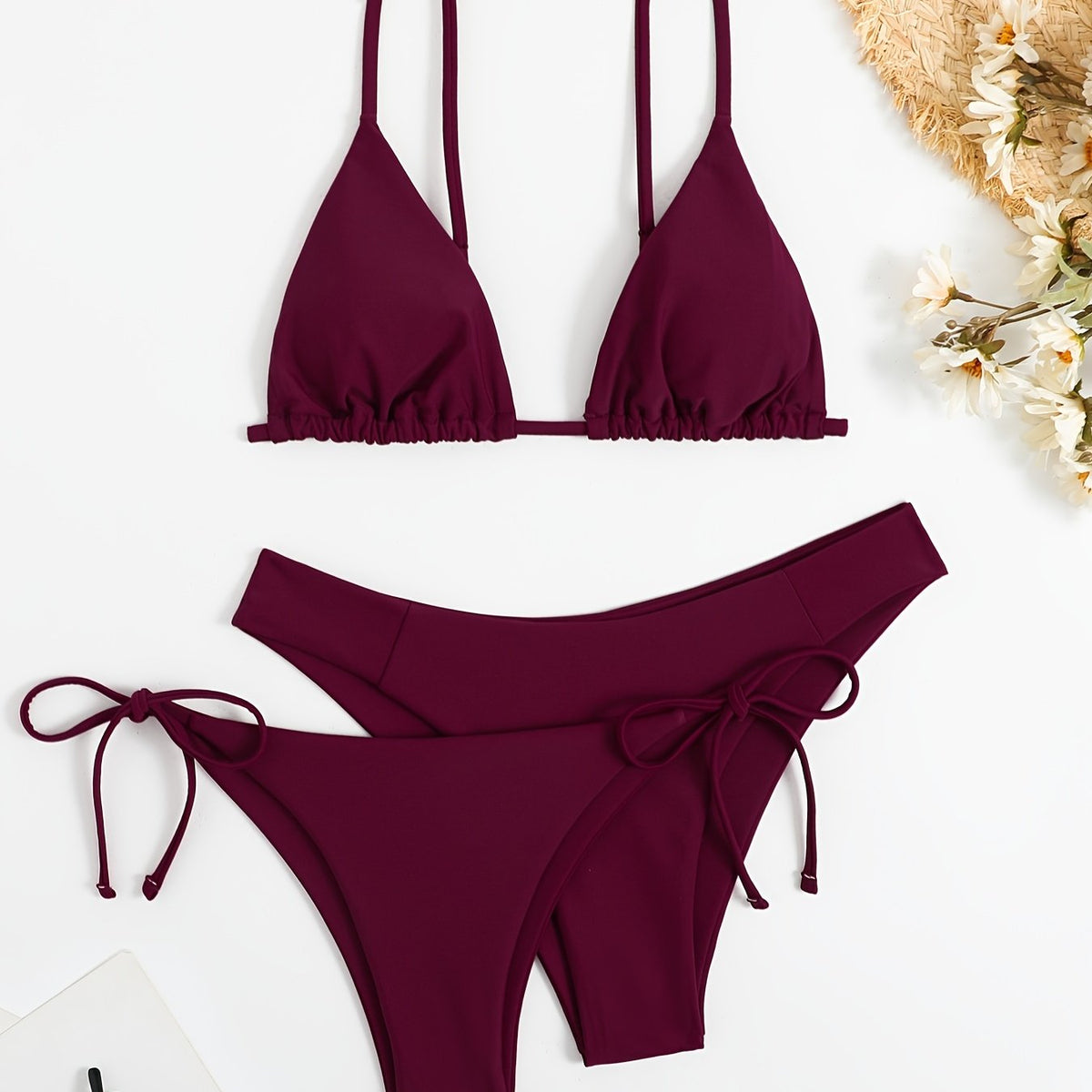 Essential Edge 3-Piece Bikini Set for Women – Solid Color High-Cut Triangle Top Two-Style Bottoms with Side Lace-Up Design & Quick-Drying Comfort – Versatile Women's Swimwear for Summer Pool Beach & Travel
