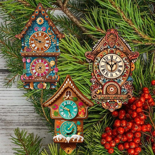Miniature clock Clip-On Eco Wood Decorative Ornaments Set of 3 by G. Debrekht - Christmas Decor - 8091020C-S3