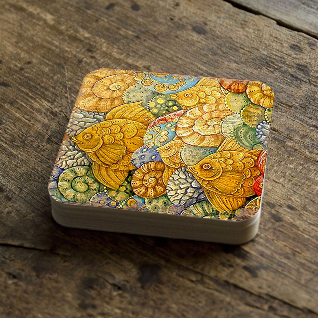 Fish Coastal Art Wooden Cork Coasters Gift Set of 4 by Nature Wonders - Nature Wildlife Decor  - 95018C-S4