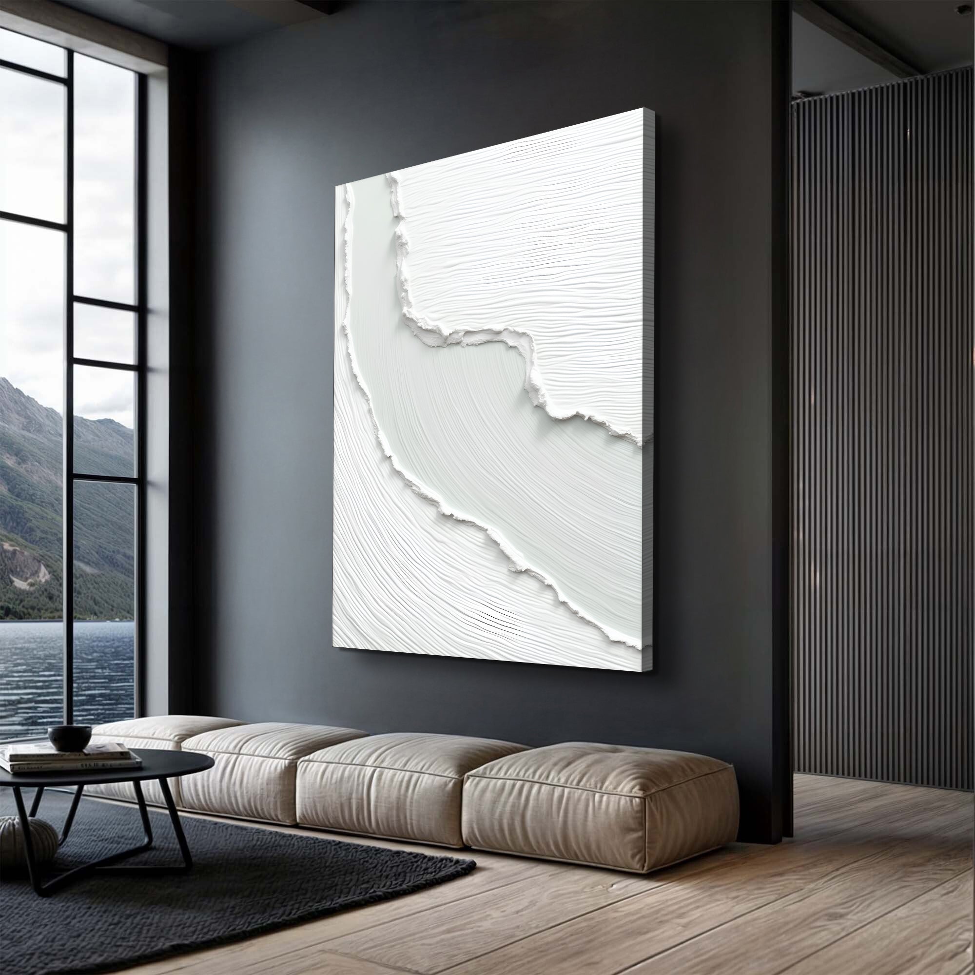 Abstract minimalist wave wall art on canvas by Tailored Canvases, featuring flowing wave design in neutral tones.