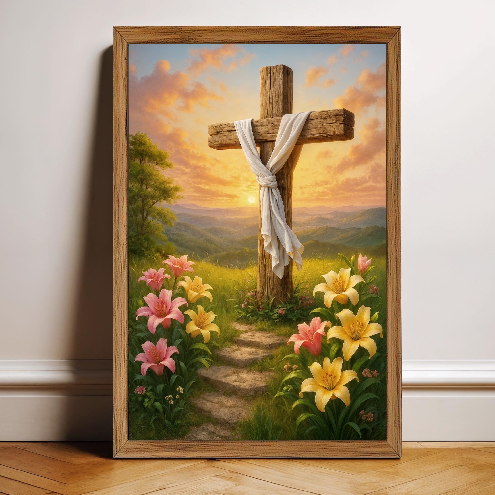 Canvas wall art featuring a cross and flowers with faith-themed design by Tailored Canvases, suitable for religious home decor.
