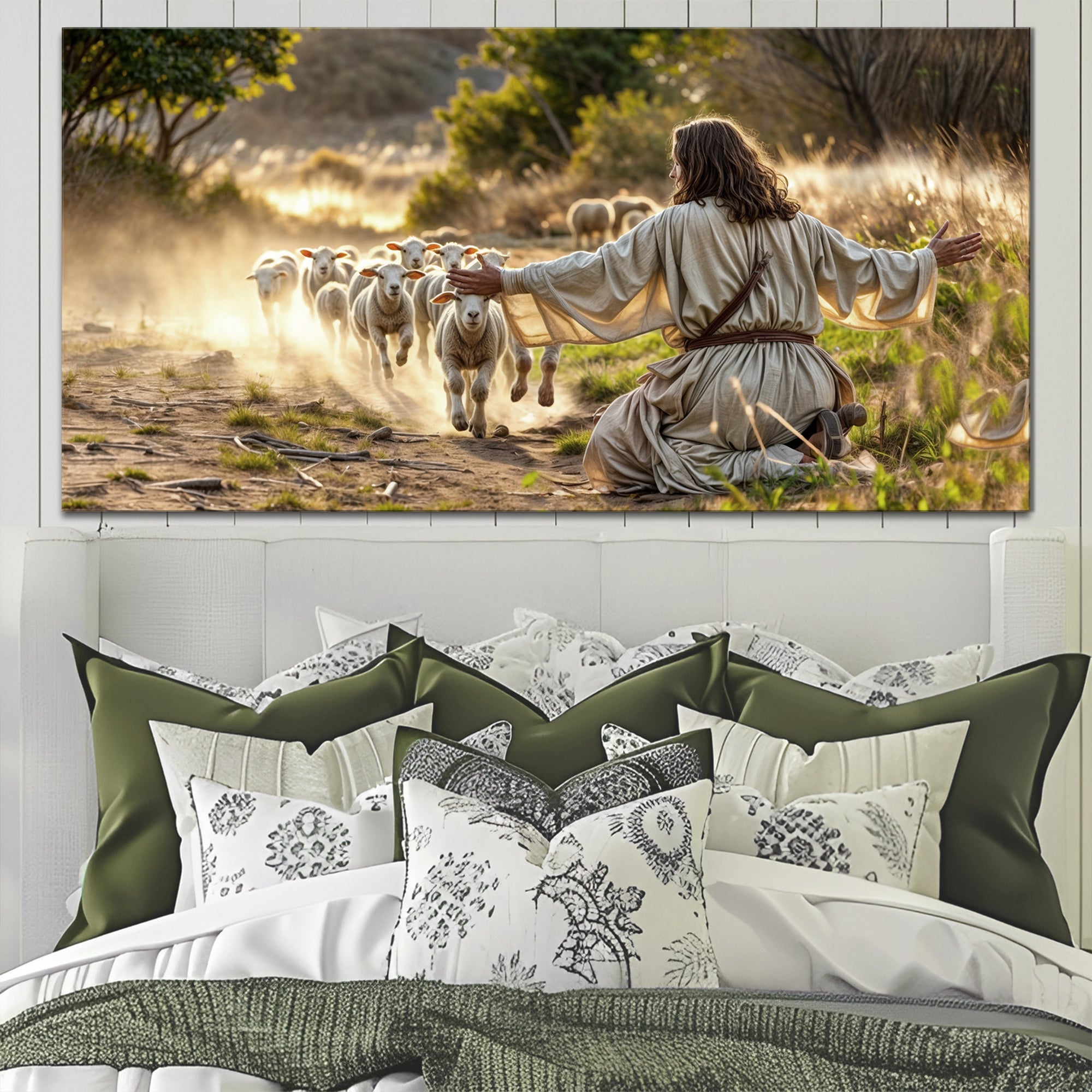 Canvas wall art featuring Jesus protecting the lamb from wolves, designed by Tailored Canvases, with detailed biblical scene.