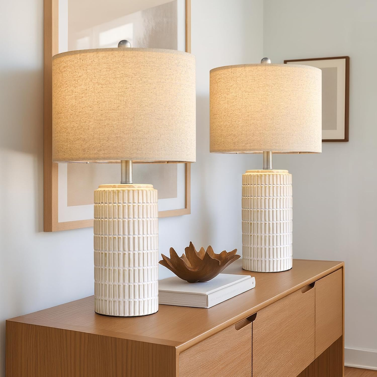 Pokat Set of 2 Modern 24" Ceramic Table Lamps for Bedroom and Living Room, White and Beige Nightstand Lighting Decor