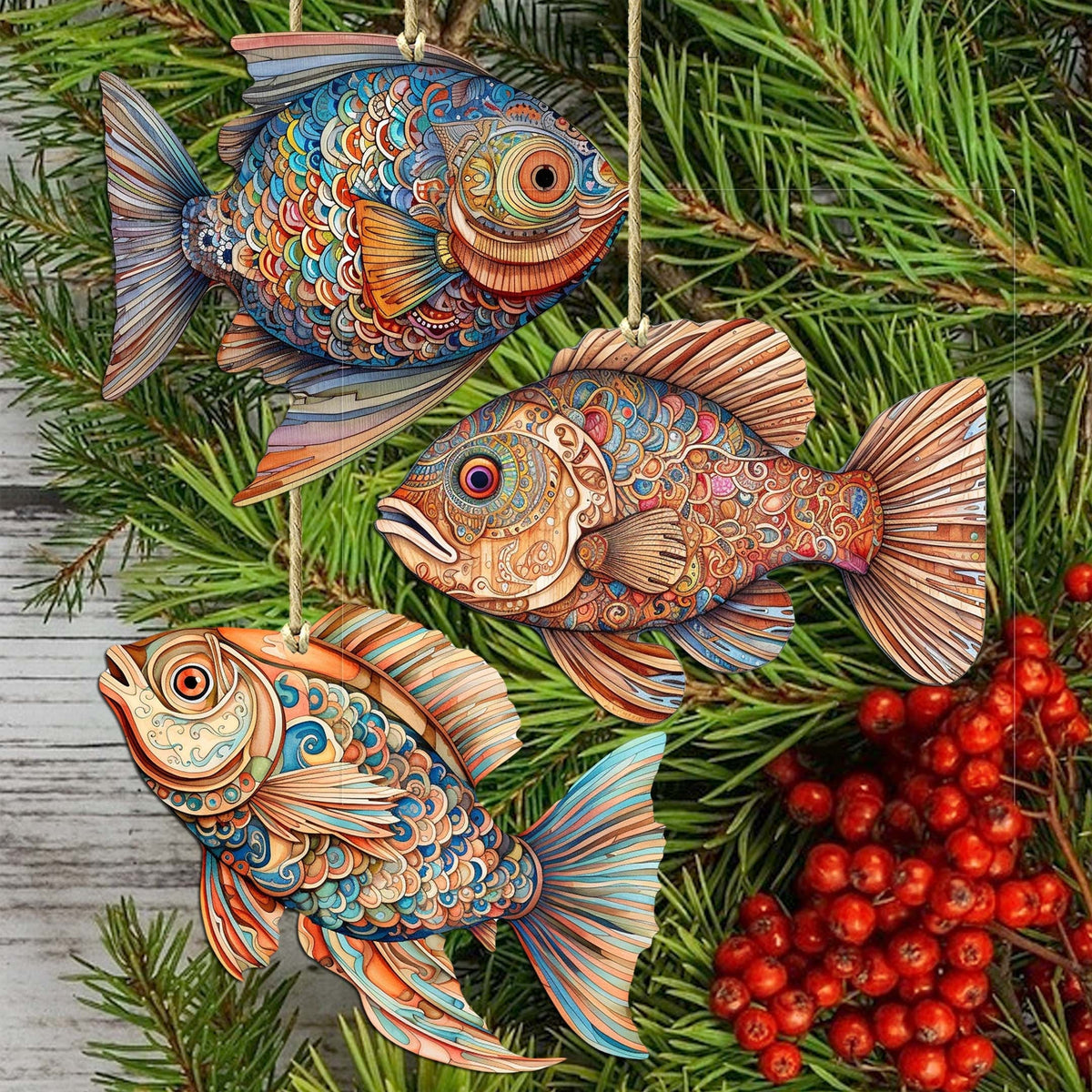 Coastal Fish Decorative Eco Wood Ornaments Set of 3 by G. Debrekht - Coastal Decor - 8091034-S3