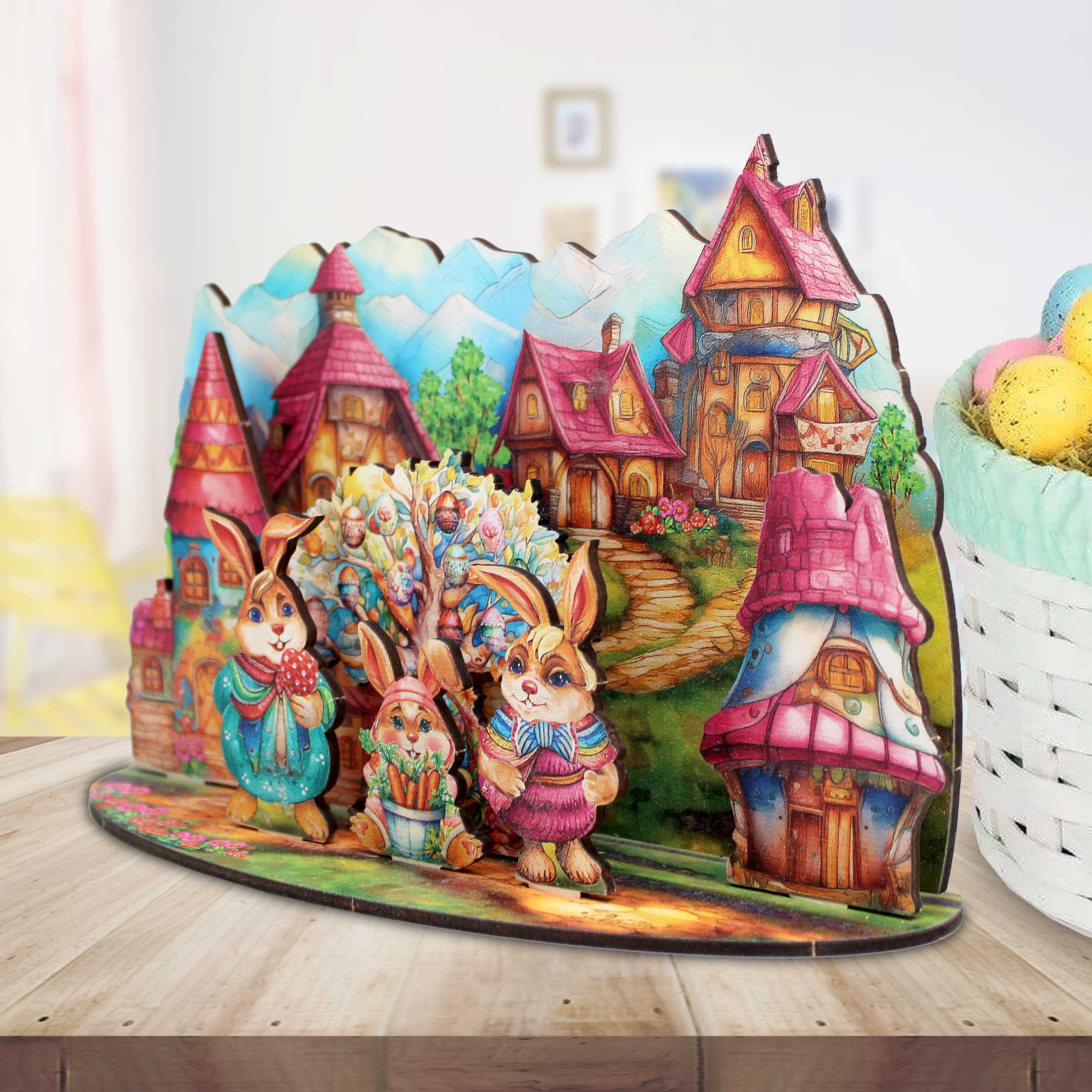 Easter Bunny Village Eco Wood Decorative Village Eco Wood Set by G. Debrekht Easter Spring Decor - 852769