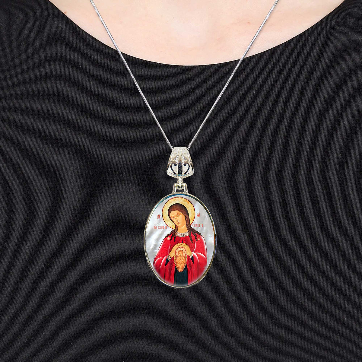 Blessed Virgin Mary Patron Silver Plated Mother of Pearl Jewelry Necklace - 43017