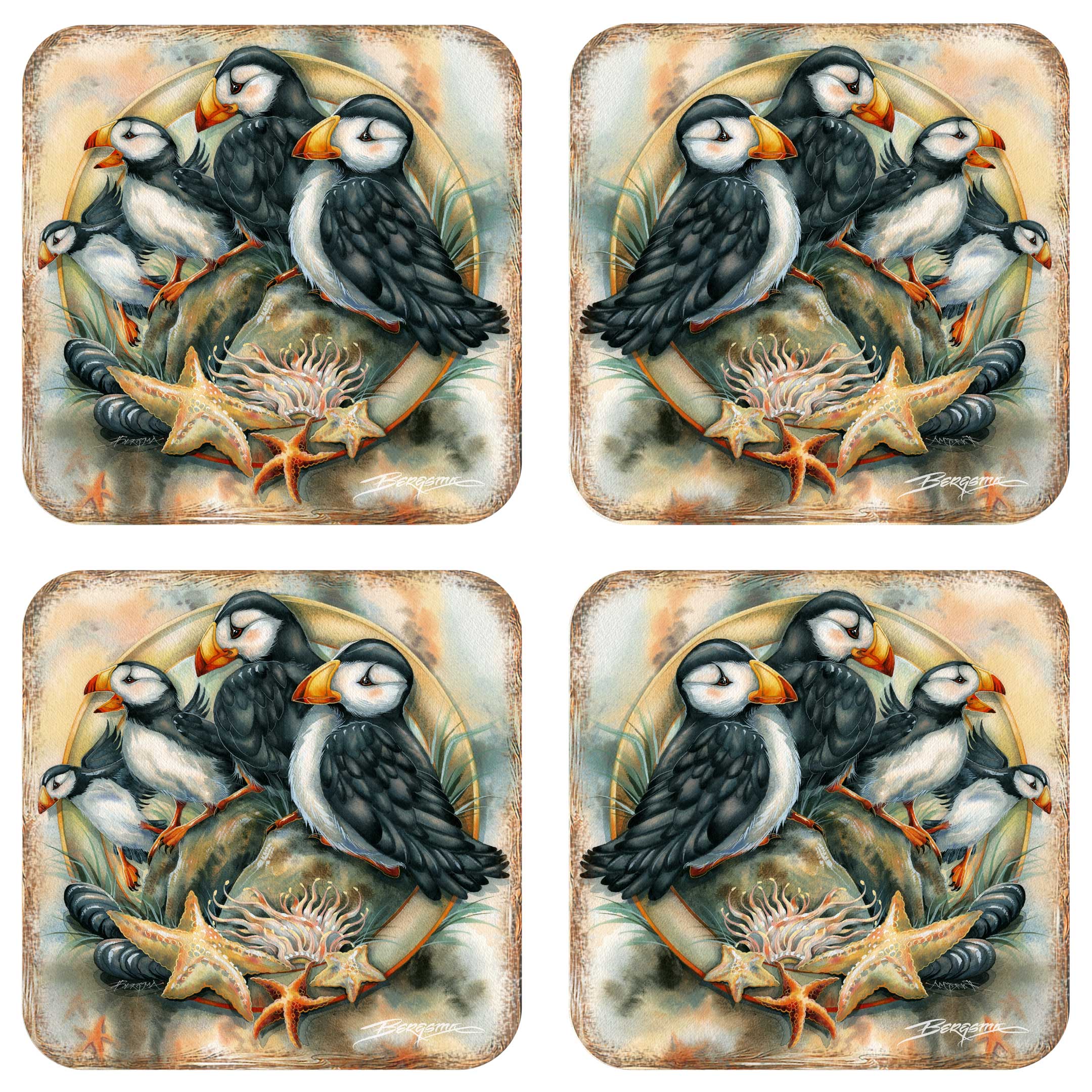 Puffins Wooden Cork Coasters Gift Set of 4 by J. Bergsma - Coastal Wildlife Decor  - 8199462C-S4