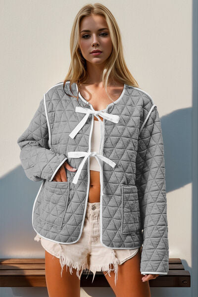 Charming Double Take Contrast Trim Tie Front Quilted Jacket with Pockets Elegant & Cozy Outerwear