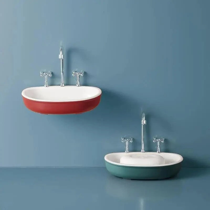 1Pcs Faucet Shape Draining Soap Dish Portable Bathroom Products Double Layer 3Colors Eco-friendly Soap Box Draining Soap Dish Sponge Holder Soap Container with Waterfall Spout for Bathroom Shower Kitchen Sink
