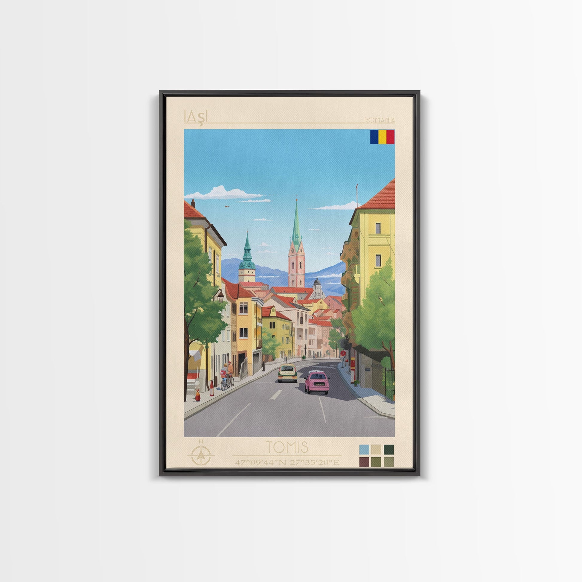 Framed canvas print of Iași Romania travel poster with midcentury modern and pop art style, ideal for living room or office decor