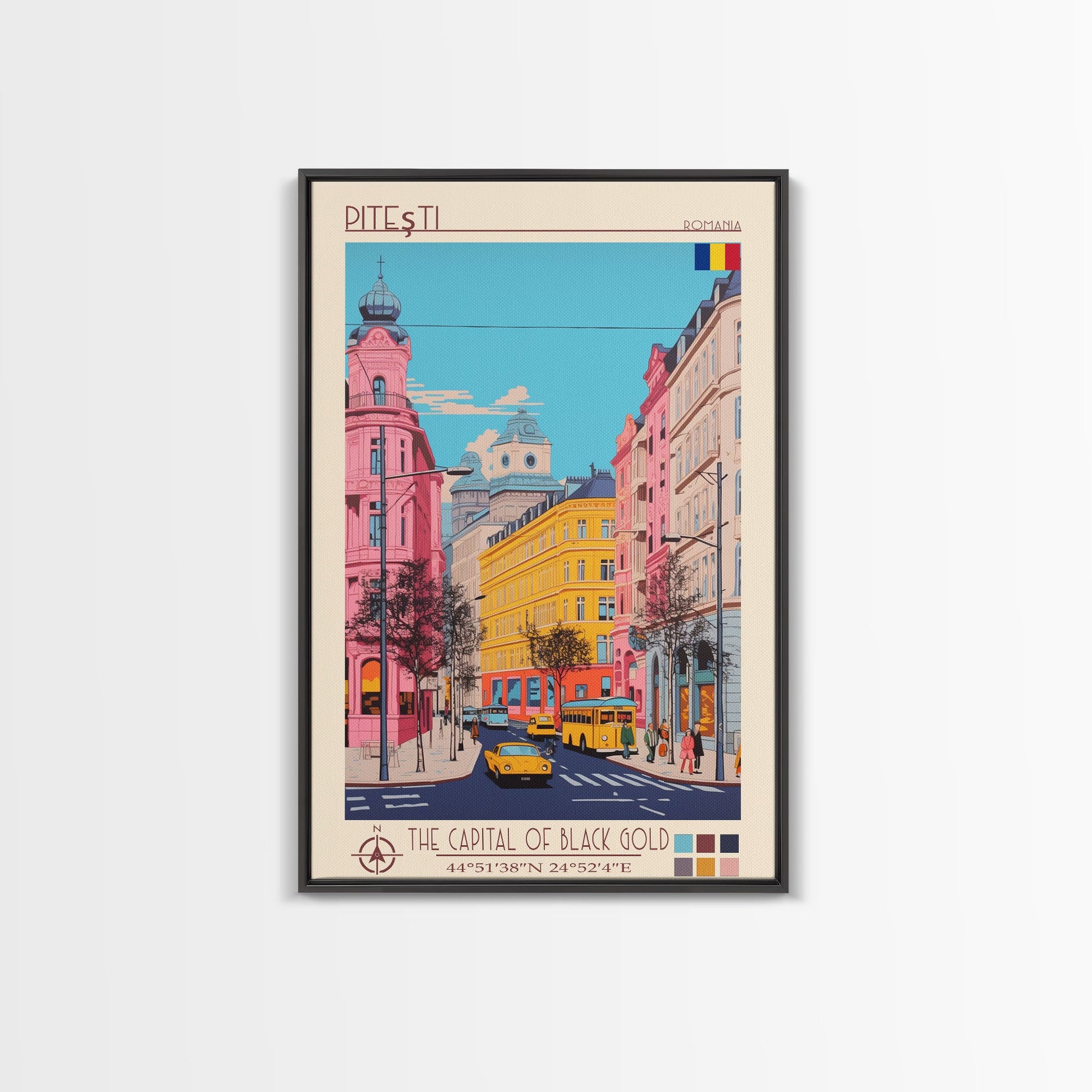 Framed Pitești Romania travel poster on canvas, featuring midcentury modern and pop art style wall decor for home or bedroom.