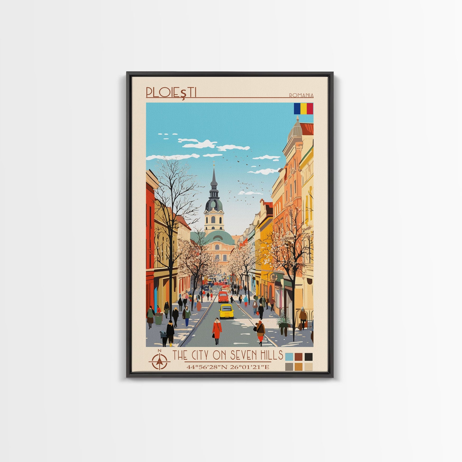Framed canvas print of Ploiești Romania travel poster featuring midcentury modern and pop art styles for wall decor.