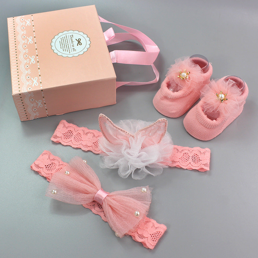 Flower Baby Girl Headband Socks Set Shoes With  Crown Bows Newborn Headbands For Girls Turban Baby Hair Accessories