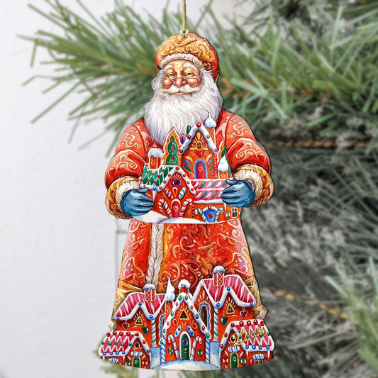 Santa and the Gingerbread House Wooden Ornaments by G. Debrekht - Christmas Santa Snowman Decor - 8691404