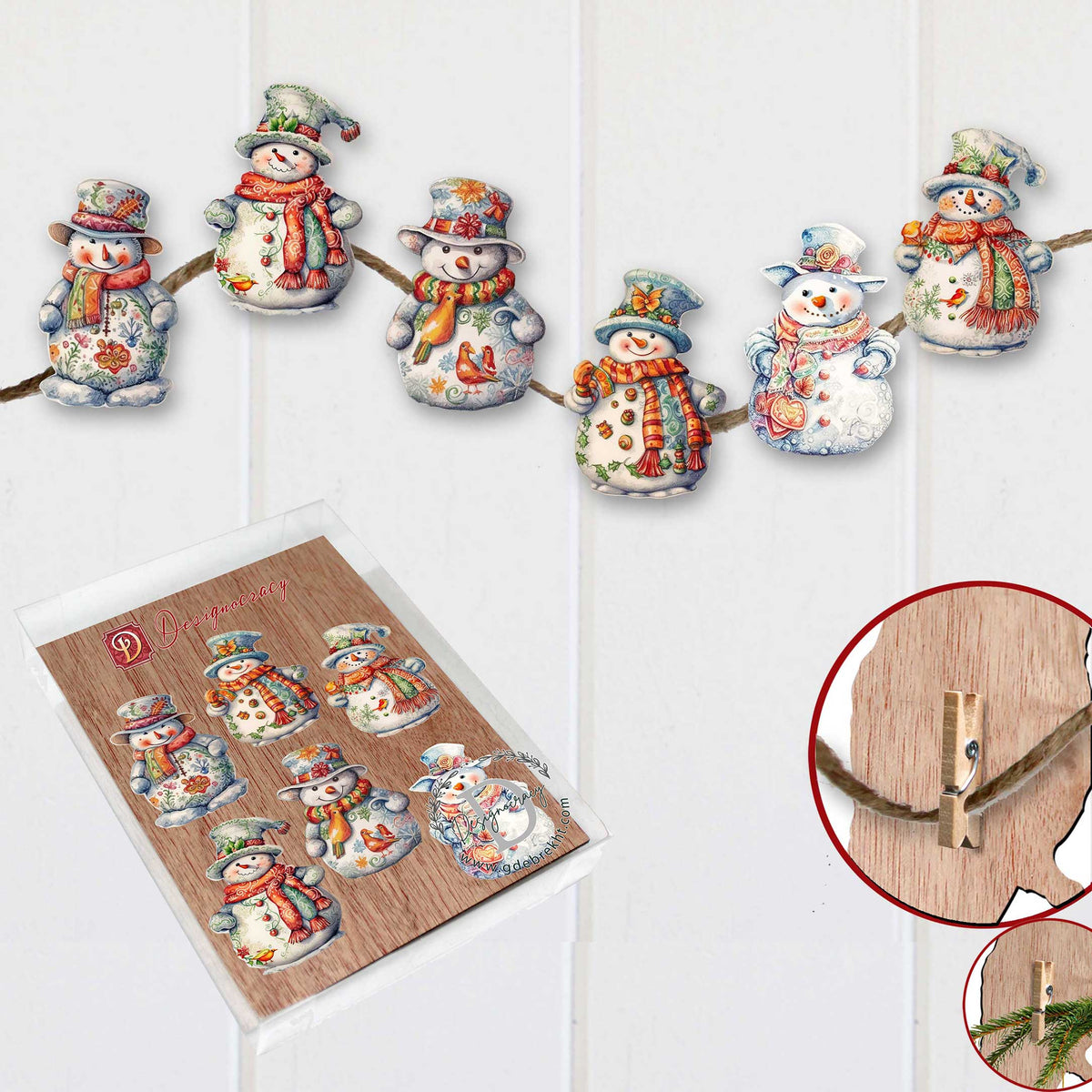 Snowman Clip-On Eco Wood Decorative Ornaments Set of 6 by G. Debrekht - Christmas Decor - 8090023C-S6