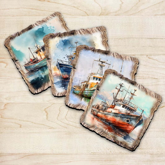 Fishing Boats Wooden Cork Coasters Gift Set of 4 by Nature Wonders Coastal Nature Wildlife Decor  - 95402C-S4