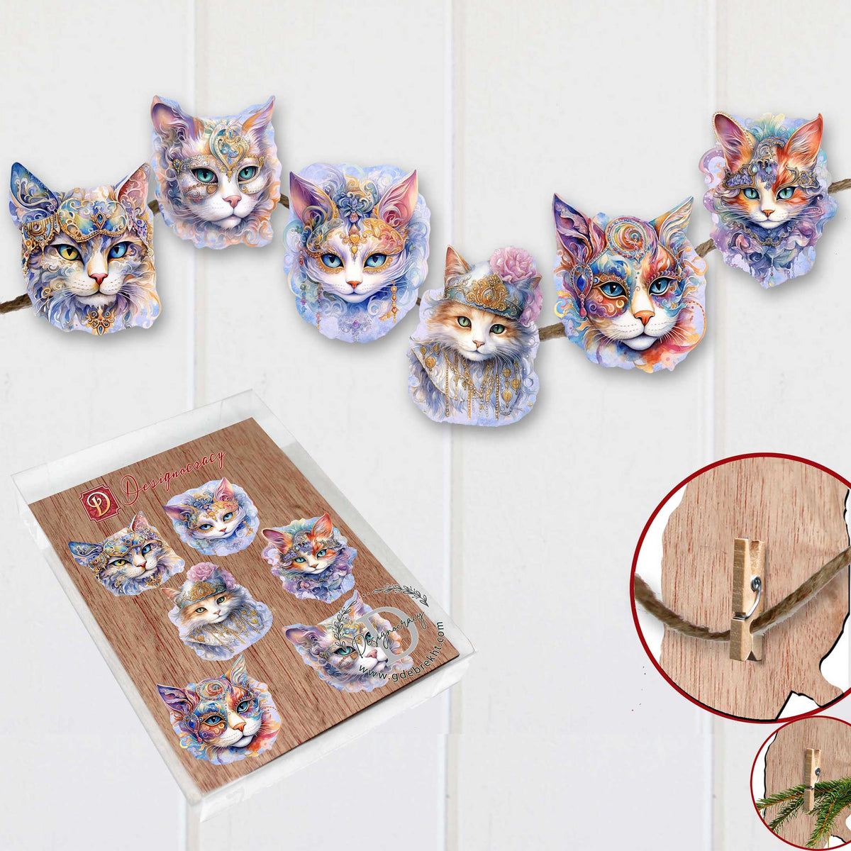 Cats Masks Clip-On Eco Wood Decorative Ornaments Set of 6 by G. Debrekht - Christmas Decor - 8090033C-S6