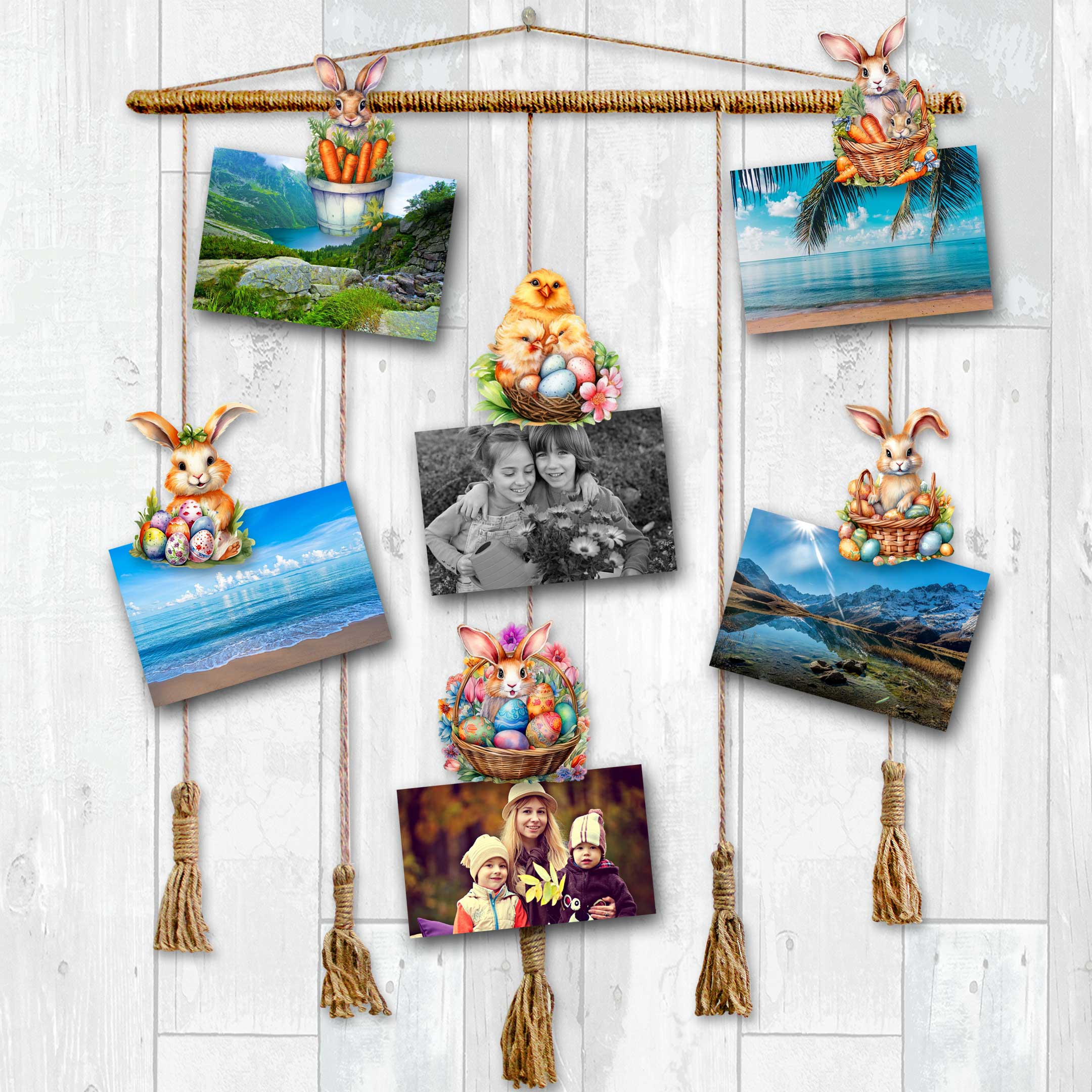 Eggs and Bunnies Clip-On Eco Wood Decorative Ornaments Set of 6 by G. Debrekht - Easter Decor - 8090057C-S6