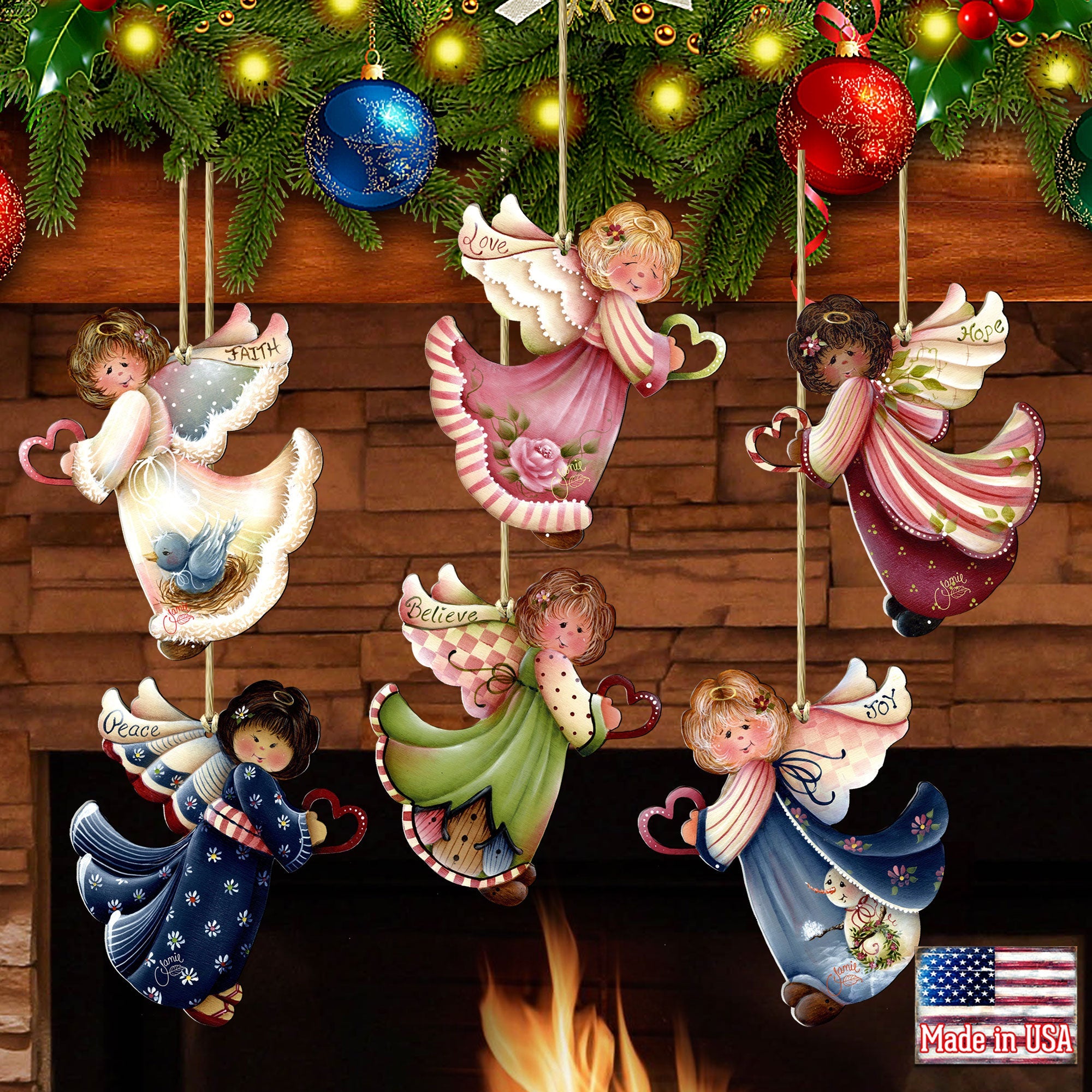 Loving Angels Wooden Ornaments Set of 6 by Jamie Mills-Price - Nativity Holiday Decor - 8457517-S6-MP