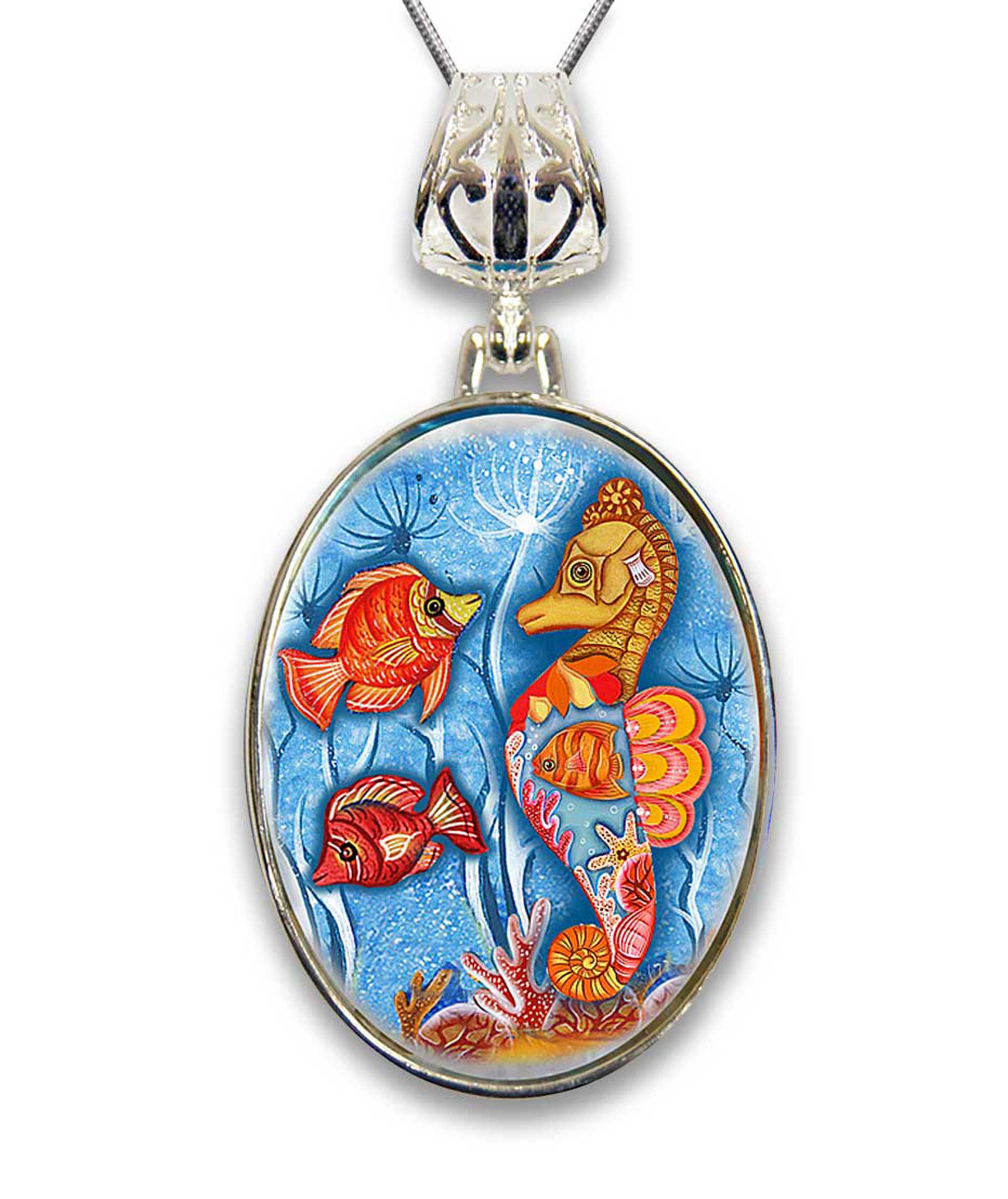 Seahorse Silver Plated Mother of Pearl Jewelry Pendant Necklace Coastal - 44045