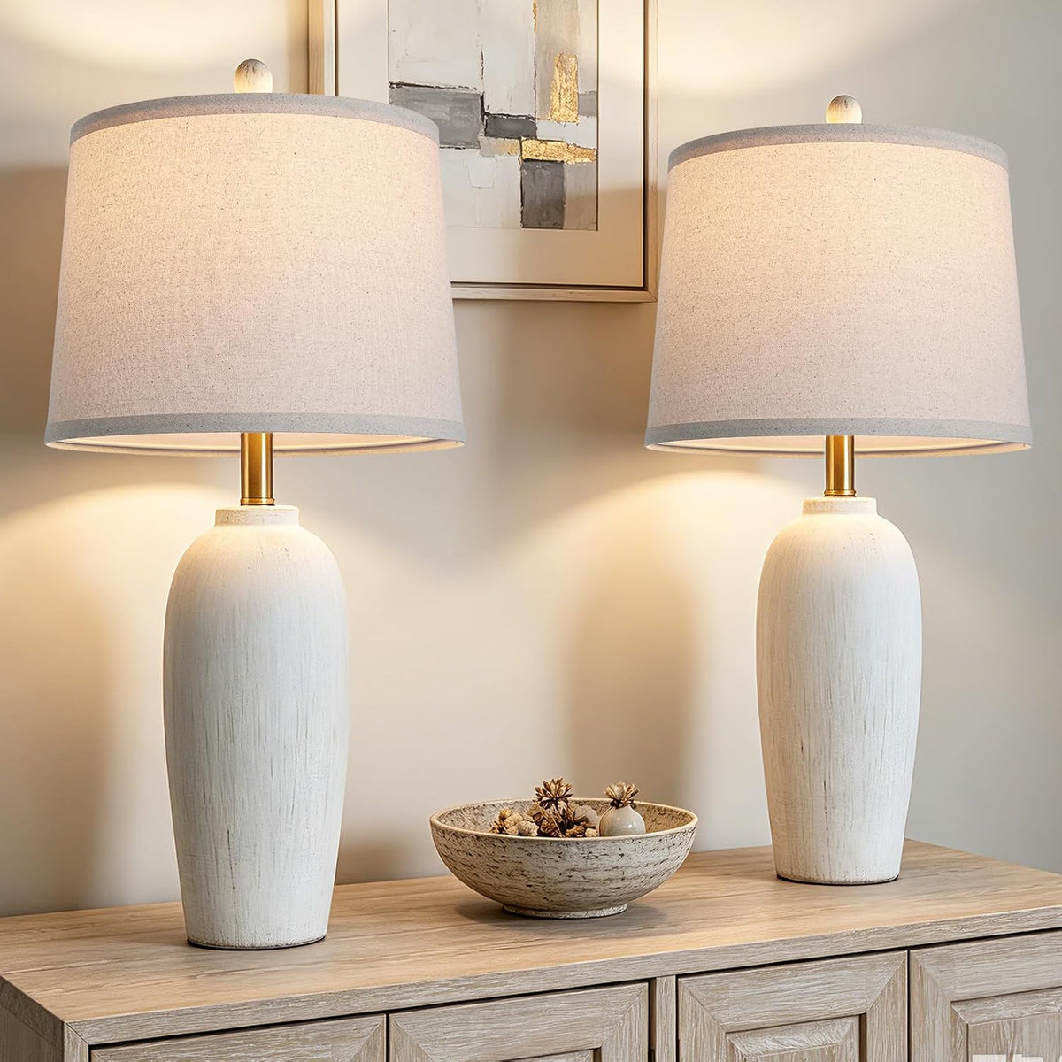 26 Inch Farmhouse Ceramic Jar Table Lamps Set of 2, Bedside Lamps