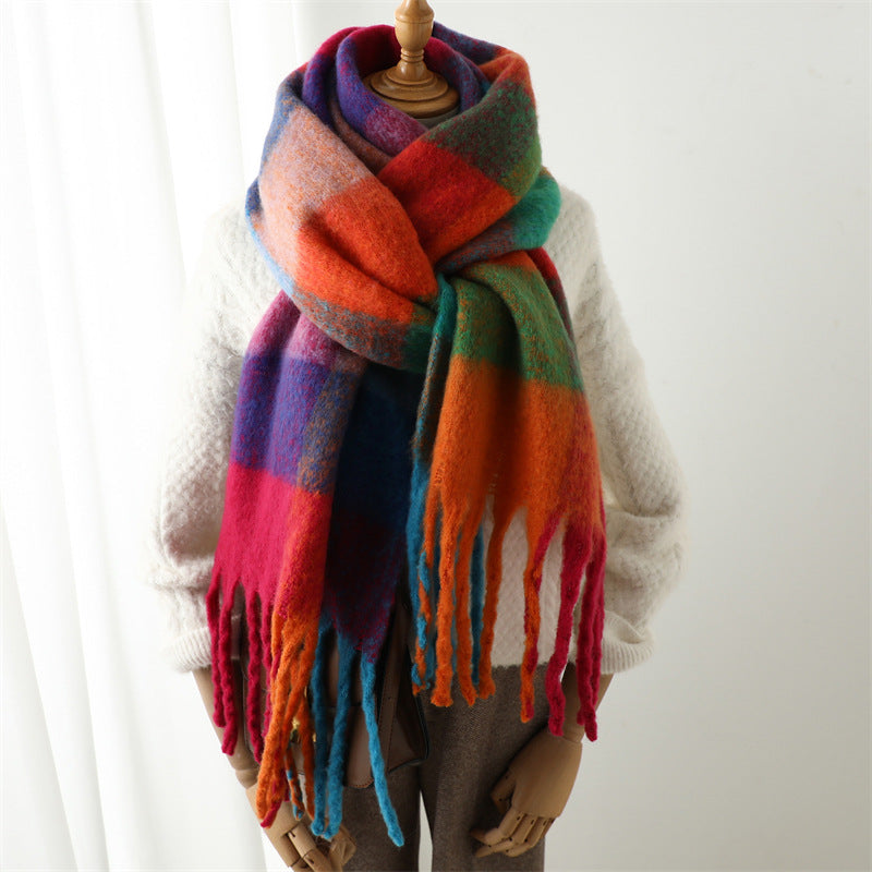 New Luxury Winter Soft Head Wraps Plaid Scarf Shawls Cashmere  Warm Cashmere Scarves Rainbow For Women